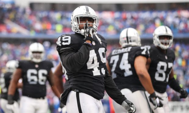 ORCHARD PARK, NY - OCTOBER 29: Jamize Olawale #49 of the Oakland Raiders celebrates after scoring a...