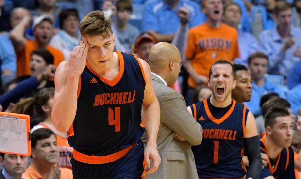 CHAPEL HILL, NC - NOVEMBER 15: Nate Sestina #4 of the Bucknell Bison reacts after making a three-po...