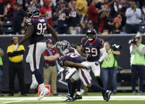 HOUSTON, TX - NOVEMBER 19: Andre Hal #29 of the Houston Texans, Brandon Dunn #92, and Marcus Gilchrist #21 celebrate after a defensive stop in the fourth quarter against the Arizona Cardinals at NRG Stadium on November 19, 2017 in Houston, Texas. (Photo by Tim Warner/Getty Images)