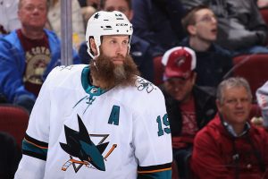 GLENDALE, AZ - NOVEMBER 22: Joe Thornton #19 of the San Jose Sharks during a break from the third period of the NHL game against the Arizona Coyotes at Gila River Arena on November 22, 2017 in Glendale, Arizona. The Sharks defeated the Coyotes 3-1. (Photo by Christian Petersen/Getty Images)