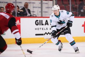 GLENDALE, AZ - NOVEMBER 22: Ryan Carpenter #40 of the San Jose Sharks skates with the puck during the first period of the NHL game against the Arizona Coyotes at Gila River Arena on November 22, 2017 in Glendale, Arizona. The Sharks defeated the Coyotes 3-1.