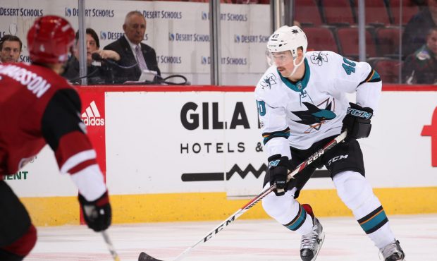 GLENDALE, AZ - NOVEMBER 22: Ryan Carpenter #40 of the San Jose Sharks skates with the puck during t...