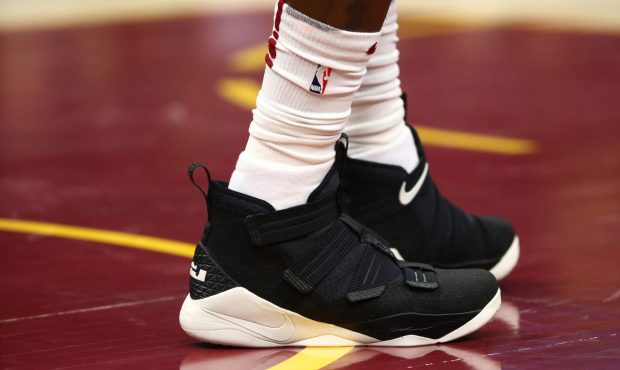 CLEVELAND, OH - NOVEMBER 28: A view of LeBron James #23 of the Cleveland Cavaliers shoes while play...