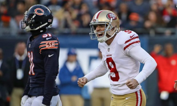 CHICAGO, IL - DECEMBER 03: Robbie Gould #9 of the San Francisco 49ers celebrates kicking the game w...