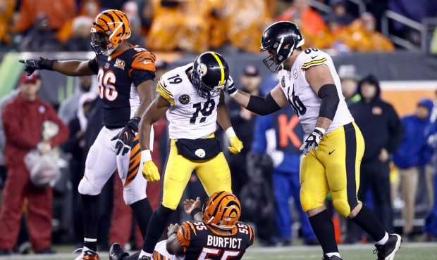 CINCINNATI, OH - DECEMBER 04: JuJu Smith-Schuster #19 of the Pittsburgh Steelers stands over Vontaz...
