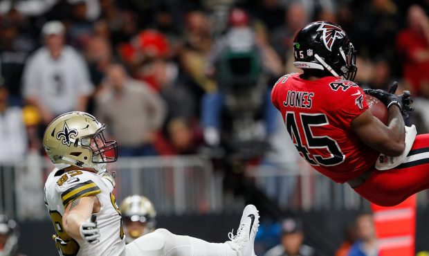 ATLANTA, GA - DECEMBER 07:  Deion Jones #45 of the Atlanta Falcons intercepts a touchdown pass inte...