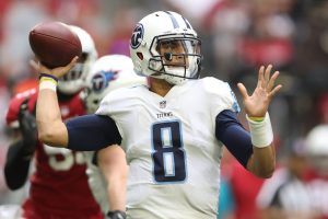 GLENDALE, AZ - DECEMBER 10: Marcus Mariota #8 of the Tennessee Titans looks to make a pass in the first half of the NFL game against the Arizona Cardinals at University of Phoenix Stadium on December 10, 2017 in Glendale, Arizona.