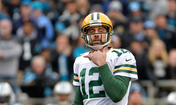 CHARLOTTE, NC - DECEMBER 17: Aaron Rodgers #12 of the Green Bay Packers looks to the sideline again...