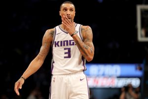NEW YORK, NY - DECEMBER 20: George Hill #3 of the Sacramento Kings reacts in the second quarter against the Brooklyn Nets during their game at Barclays Center on December 20, 2017 in the Brooklyn Borough of New York City. NOTE TO USER: User expressly acknowledges and agrees that, by downloading and or using this photograph, User is consenting to the terms and conditions of the Getty Images License Agreement.