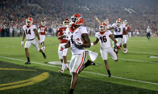 PASADENA, CA - JANUARY 01: Sony Michel #1 of the Georgia Bulldogs scores the winning touchdown in t...