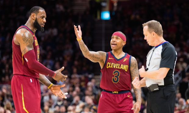 CLEVELAND, OH - JANUARY 2: LeBron James #23 an Isaiah Thomas #3 of the Cleveland Cavaliers argue a ...