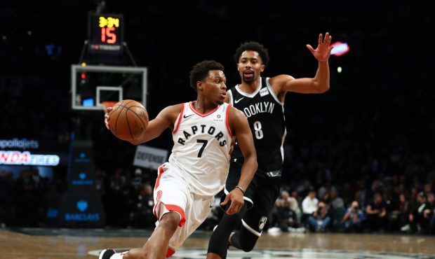 NEW YORK, NY - JANUARY 08: Kyle Lowry #7 of the Toronto Raptors drives against Spencer Dinwiddie #8...