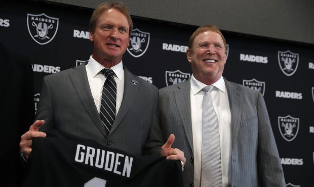 ALAMEDA, CA - JANUARY 09: Oakland Raiders new head coach Jon Gruden (L) and Raiders owner Mark Davi...