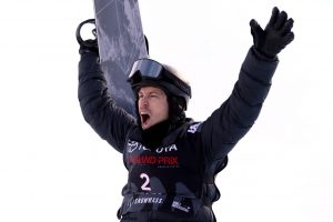 SNOWMASS, CO - JANUARY 13:  Shaun White #2 celebrates his score of his final run in the Men's Snowboard Halfpipe final during the Toyota U.S. Grand Prix on January 13, 2018 in Snowmass, Colorado.  