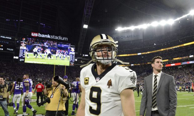 MINNEAPOLIS, MN - JANUARY 14: Drew Brees #9 of the New Orleans Saints on the field after the NFC Di...