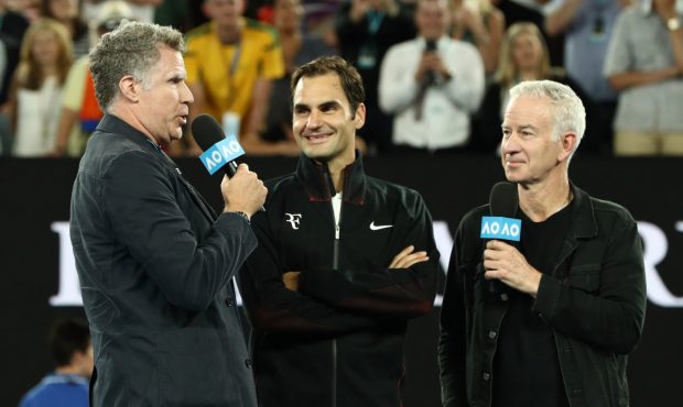 MELBOURNE, AUSTRALIA - JANUARY 16: Will Ferrell (L) and John McEnroe (R) interview Roger Federer of...