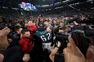 MINNEAPOLIS, MN - FEBRUARY 04: Nick Foles #9 of the Philadelphia Eagles celebrates with Jason Kelce #62 after defeating the New England Patriots 41-33 in Super Bowl LII at U.S. Bank Stadium on February 4, 2018 in Minneapolis, Minnesota. (Photo by Patrick Smith/Getty Images)