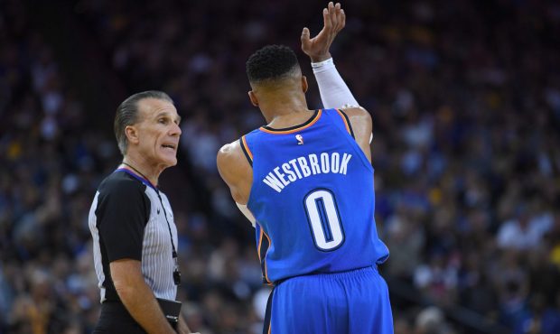 OAKLAND, CA - FEBRUARY 06: Russell Westbrook #0 of the Oklahoma City Thunder complains of a no call...