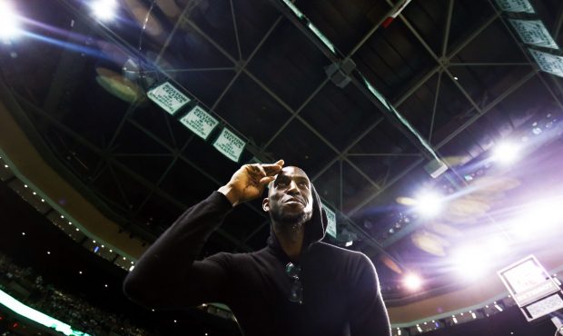 BOSTON, MA - FEBRUARY 11: Former Boston Celtics player Kevin Garnett looks on during a game between...