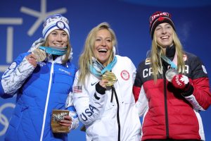 PYEONGCHANG-GUN, SOUTH KOREA - FEBRUARY 12: (L-R) Bronze medalist Enni Rukajarvi of Finland, gold medalist Jamie Anderson of the United States and Silver medalist Laurie Blouin of Canada pose during the victory ceremony for the Snowboard Ladies' Slopestyle Final during the medal ceremony for Snowboard Ladies' Slopestyle at Medal Plaza on February 12, 2018 in Pyeongchang-gun, South Korea. (Photo by Andreas Rentz/Getty Images)