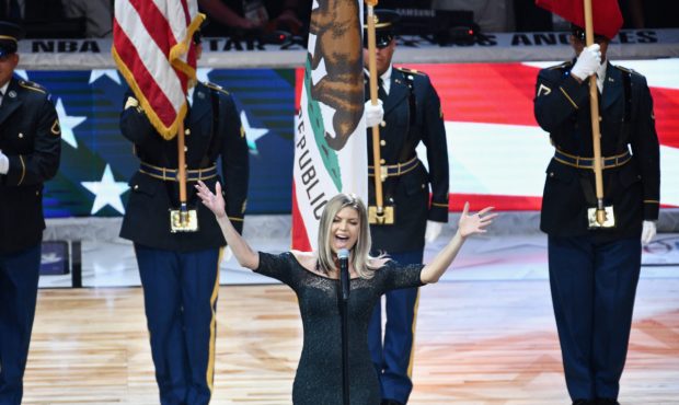 LOS ANGELES, CA - FEBRUARY 18: Fergie performs the National Anthem during the NBA All-Star Game 201...