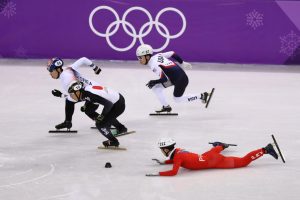 GANGNEUNG, SOUTH KOREA - FEBRUARY 20: Kwang Bom Jong of North Korea crashes out during the Men's Short Track Speed Skating 500m Heats on day eleven of the PyeongChang 2018 Winter Olympic Games at Gangneung Ice Arena on February 20, 2018 in Gangneung, South Korea. (Photo by Maddie Meyer/Getty Images)