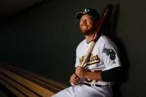 MESA, AZ - FEBRUARY 22: Brandon Moss #37 of the Oakland Athletics poses for a portrait during photo day at HoHoKam Stadium on February 22, 2018 in Mesa, Arizona. (Photo by Justin Edmonds/Getty Images)