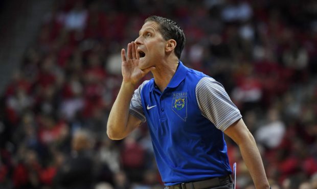 LAS VEGAS, NV - FEBRUARY 28: Head coach Eric Musselman of the Nevada Wolf Pack yells to his players...