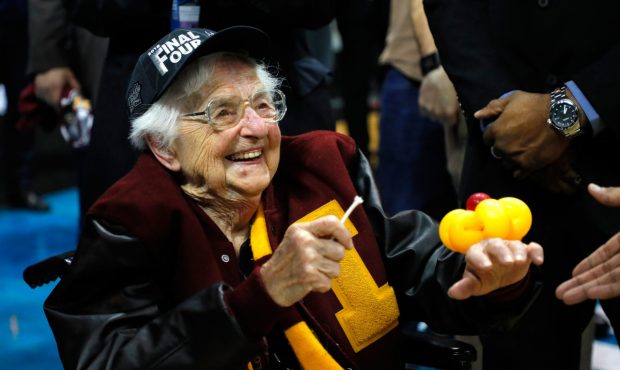 ATLANTA, GA - MARCH 24:  Sister Jean Dolores Schmidt celebrates with the Loyola Ramblers after defe...