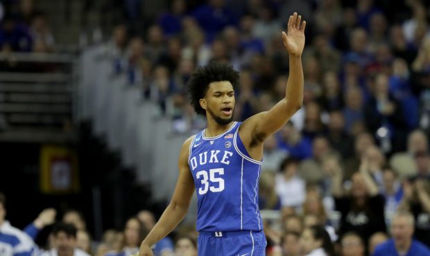 OMAHA, NE - MARCH 25:  Marvin Bagley III #35 of the Duke Blue Devils reacts against the Kansas Jayh...