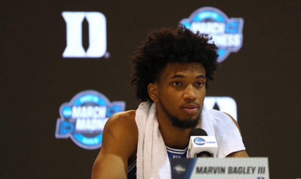 OMAHA, NE - MARCH 25: Marvin Bagley III #35 of the Duke Blue Devils talks to the media during a pre...
