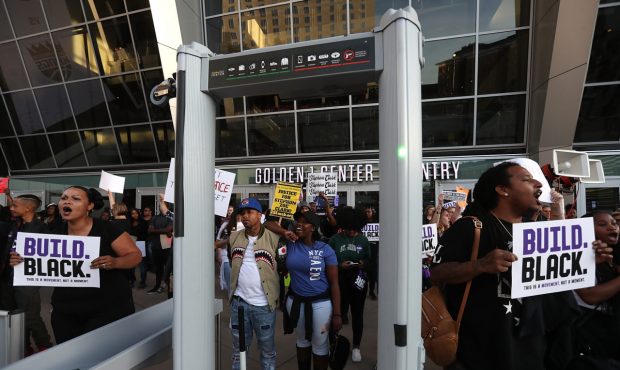 SACRAMENTO, CA - MARCH 27: Black Lives Matter protesters block the entrance to the Golden 1 Center ...