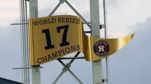 HOUSTON, TX - APRIL 02:  Houston Astros unveil the 2017 World Series banner prior to playing the Baltimore Orioles at Minute Maid Park on April 2, 2018 in Houston, Texas.  (Photo by Bob Levey/Getty Images)