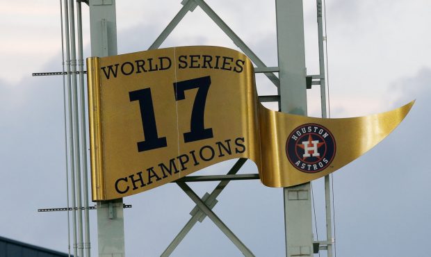 HOUSTON, TX - APRIL 02: Houston Astros unveil the 2017 World Series banner prior to playing the Bal...