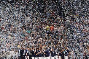 SAN ANTONIO, TX - APRIL 02: Confetti falls as the Villanova Wildcats celebrate after defeating the Michigan Wolverines during the 2018 NCAA Men's Final Four National Championship game at the Alamodome on April 2, 2018 in San Antonio, Texas. Villanova defeated Michigan 79-62. (Photo by Chris Covatta/Getty Images)