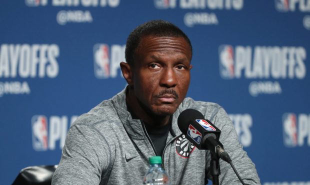 TORONTO, ON - APRIL 14: Head coach Dwane Casey of the Toronto Raptors talks to the media before the...
