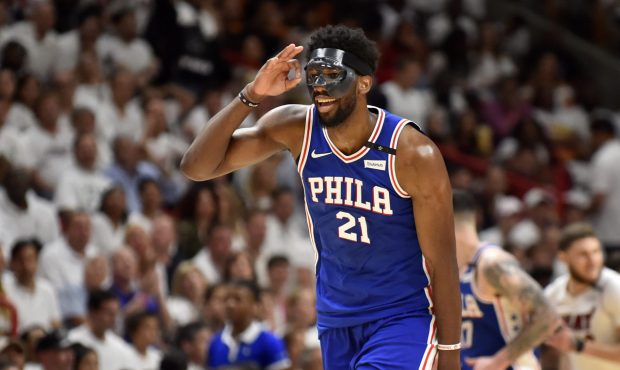 MIAMI, FL - APRIL 19: Joel Embiid #21 of the Philadelphia 76ers reacts after hitting a three pointe...