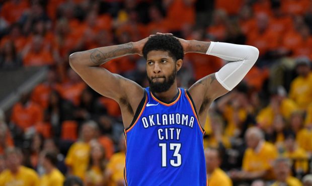 SALT LAKE CITY, UT - APRIL 21: Paul George #13 of the Oklahoma City Thunder reacts to a call in the...