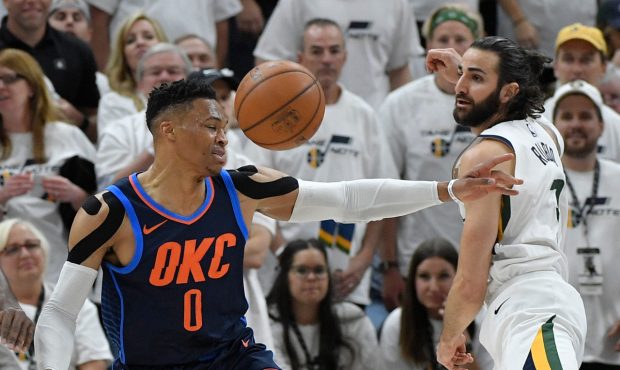 SALT LAKE CITY, UT - APRIL 23: Russell Westbrook #0 of the Oklahoma City Thunder loses the ball whi...