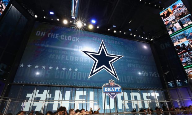 ARLINGTON, TX - APRIL 26: The Dallas Cowboys logo is seen on a video board during the first round o...