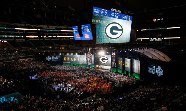 ARLINGTON, TX - APRIL 26: The Green Bay Packers logo is seen on a video board during the first roun...