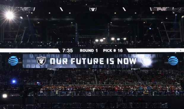 ARLINGTON, TX - APRIL 26: A video board displays the text "OUR FUTURE IS NOW" for the Oakland Raide...