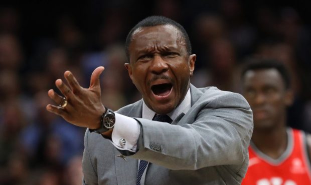 CLEVELAND, OH - MAY 05:  Head coach Dwane Casey of the Toronto Raptors reacts while playing the Cle...