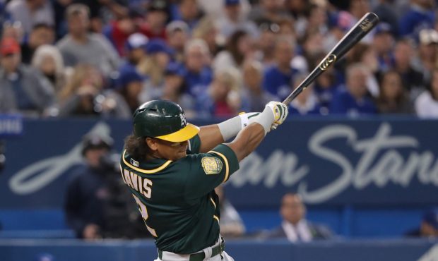TORONTO, ON - MAY 17: Khris Davis #2 of the Oakland Athletics hits a double in the fifth inning dur...
