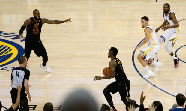 OAKLAND, CA - MAY 31: JR Smith #5 of the Cleveland Cavaliers dribbles in the closing seconds of reg...