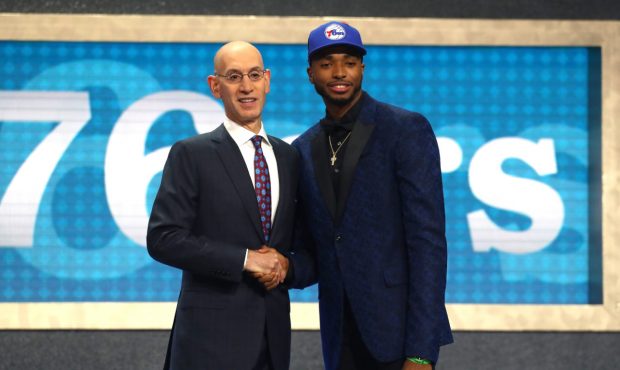 NEW YORK, NY - JUNE 21:  Mikal Bridges poses with NBA Commissioner Adam Silver after being drafted ...