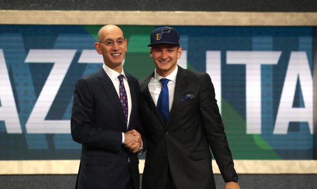 NEW YORK, NY - JUNE 21:  Grayson Allen poses with NBA Commissioner Adam Silver after being drafted ...