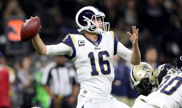 NEW ORLEANS, LOUISIANA - JANUARY 20: Jared Goff #16 of the Los Angeles Rams throws a pass against t...