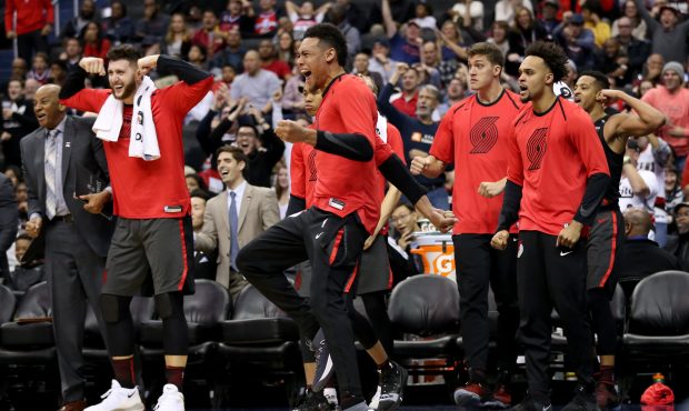WASHINGTON, DC - NOVEMBER 18: The Portland Trail Blazers bench reacts after a play during the secon...