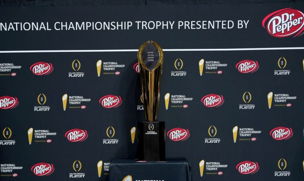 SAN JOSE, CA - JANUARY 05:  A detailed view of the National Championship Trophy on display during t...